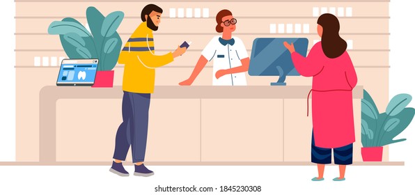 Hospital Reception. Admin Desk In Dental Clinic. Woman In Medical Suit Answers Questions, Makes Appointment With Doctor. Cartoon Scenes With Receptionist And Patients. Vector Tooth Care Illustration