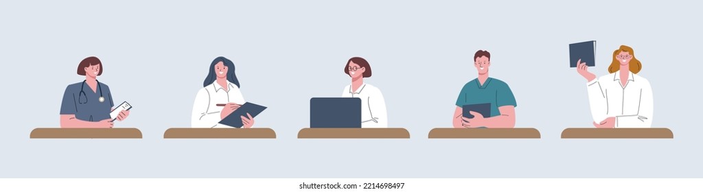 Hospital reception characters. Medical staff, doctors, nurses and administrative workers. Flat clinic or beauty salon people, healthcare hostess flat vector character