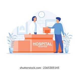 Hospital reception concept, Man asks a question to the hospital register office,   flat vector modern illustration 