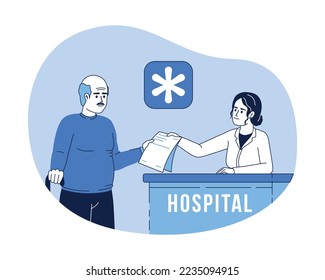 Hospital reception desk 2D vector isolated linear illustration. Thin line flat character on cartoon background. Colorful editable scene for mobile, website, presentation. Bebas Nenue font used