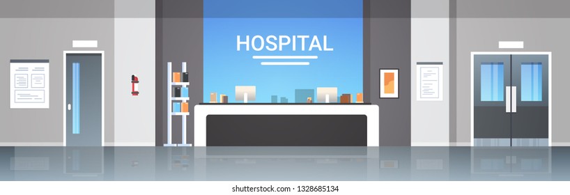 Hospital Reception Desk Waiting Hall With Information Board Counter Doors Furniture Healthcare Concept Empty No People Modern Medical Clinic Interior Horizontal Banner Flat