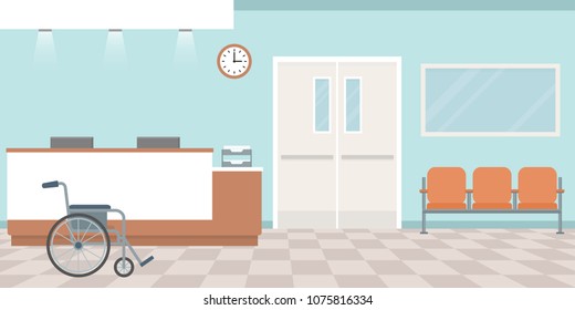 Hospital reception. Empty nurses station. Corridor with armchairs. Flat style, vector illustration.
