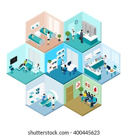 Hospital reception examination and waiting rooms interior tessellated honeycomb hexagonal isometric composition pattern abstract vector isolated illustration