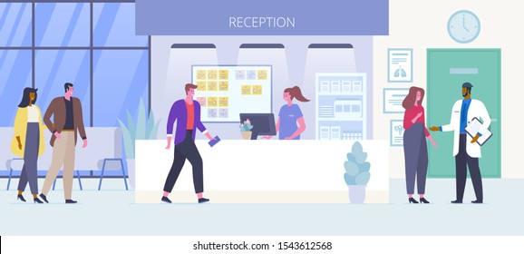 Hospital reception flat vector illustration. Couple standing in queue, smiling patients waiting for doctors appointment in clinic hall cartoon characters. Medicine and healthcare concept