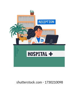 Hospital Reception. Front Desk At Clinic - Woman Receptionist Sitting At The Registration Office. Healthcare And Medicine Theme. Flat Style Vector Illustration On White Background