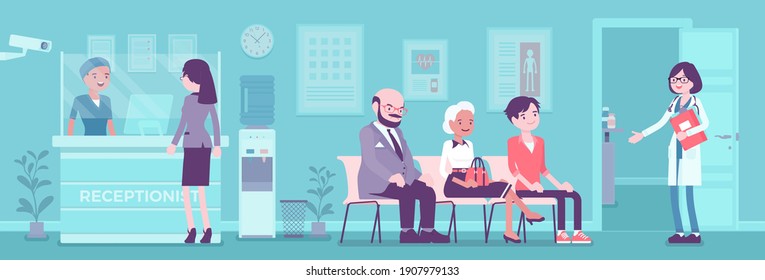 Hospital reception good work in clinic hall to help, assist patients. Doctor or physician office, health facility to provide high quality healthcare service. Vector flat style cartoon illustration