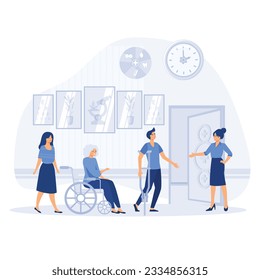 Hospital reception good work in clinic hall to help, assist patients. health facility to provide high quality healthcare service. flat vector modern illustration