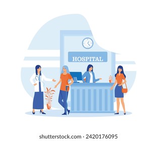 Recepción hospitalaria buen trabajo en sala clínica para ayudar, ayudar a los pacientes.  ilustración moderna de vector plano 