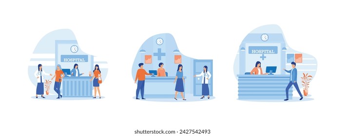 Hospital reception good work in clinic hall to help patients, Patients at a hospital reception desk registering and paying, walking to a hospital reception. Hospital receptionist set flat vector moder