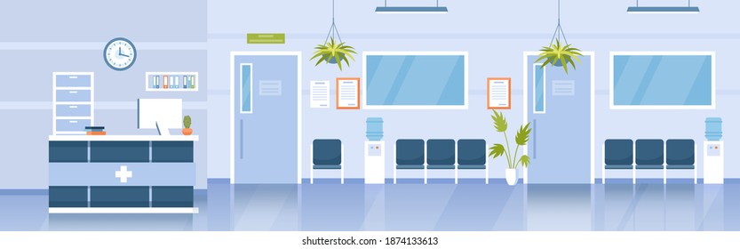 Hospital reception hall clinic interior vector illustration. Cartoon modern empty medical hallway with bench for waiting patients, receptionist desk counter, no people medicine office background