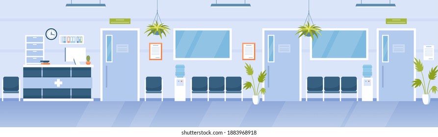 Hospital Reception Hall Clinic Interior. Cartoon Modern Empty Medical Hallway With Bench For Waiting Patients, Receptionist Desk Counter, No People Medicine Office Background