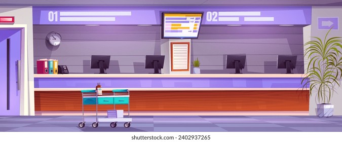 Hospital reception hall interior with computers on registration counter, medical equipment, door and decorative plants. Cartoon scenery of waiting area of medical service and healthcare department.