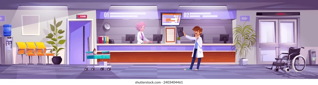 Hospital reception hall interior with woman receptionist and man doctor looking on X-ray image. Cartoon scenery of waiting area of medical service and healthcare department with registration counter.