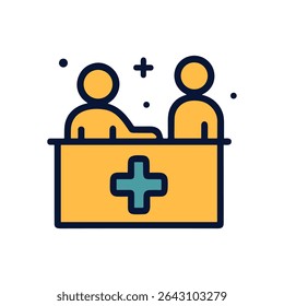Hospital reception icon with two people. Icon symbol illustration
