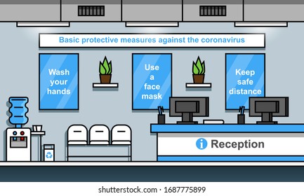 Hospital reception interior cartoon flat illustration. 2019-nCoV prevention banners.