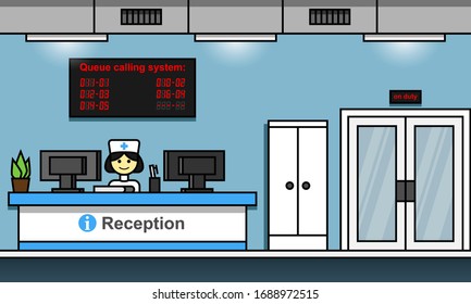 Hospital reception interior cartoon flat vector illustration. Queue calling system concept.