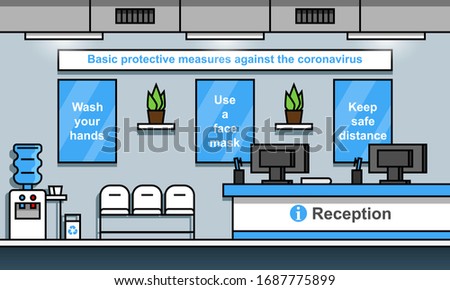 Hospital reception interior cartoon flat illustration. 2019-nCoV prevention banners.