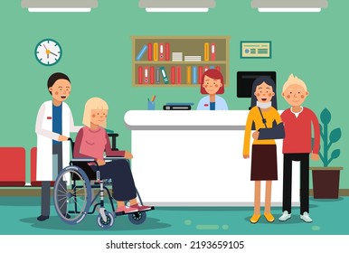 Hospital Reception Interior With Standing Patients. Medical Clinic Front Desk