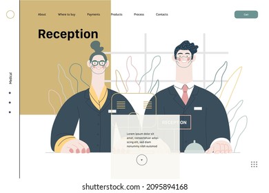 Hospital reception - medical insurance web template, facilities and services. Modern flat vector concept digital illustration - a couple of receptionists at the desk welcoming clients.