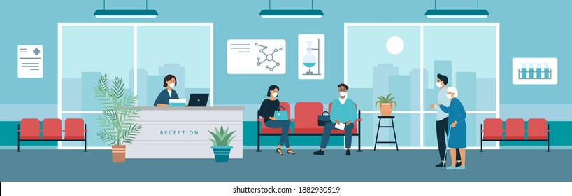 Hospital reception office hall vector illustration. Cartoon man woman patient characters in medical masks sitting in chairs, waiting doctor appointment in lobby, receptionist standing behind counter