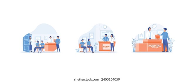 Hospital reception, Patients at a hospital reception desk registering, Man asks a question to the hospital register office. Hospital receptionist set flat vector modern illustration