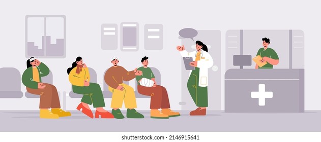 Hospital reception room with patients waiting in queue to doctor. Vector cartoon illustration of medical clinic hall interior with sick people with flu, injury, and headache