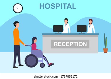 Hospital reception vector concept: man accompanying his ill wife on the wheelchair while waiting at the hospital receptionist