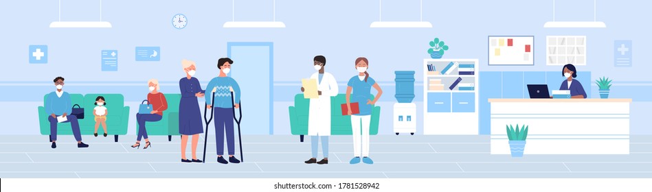 Hospital reception vector illustration. Cartoon flat people in protective masks waiting exam in hospital hall interior, disabled man patient on crutches standing next to doctors team background