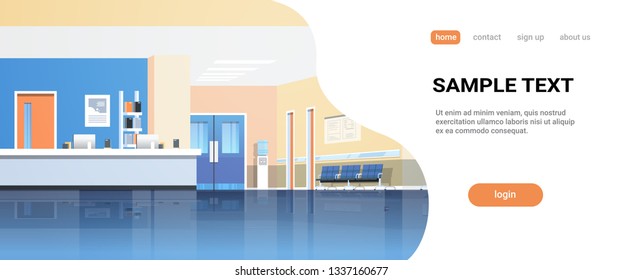 Hospital Reception Waiting Hall With Counter Seats Doors Empty No People Medical Clinic Interior Horizontal Banner Copy Space Flat