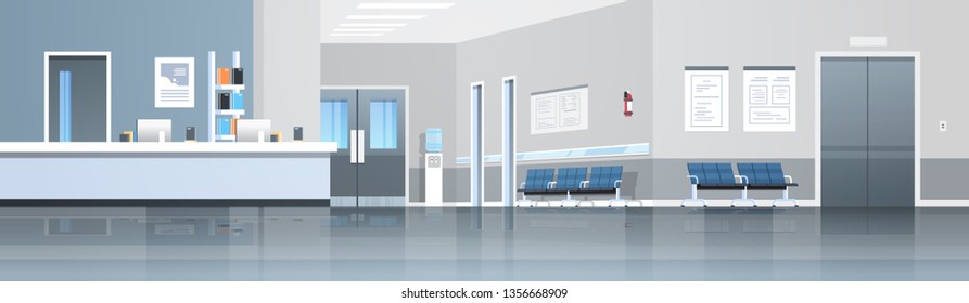 Hospital Reception Waiting Hall With Counter Seats Doors And Elevator Empty No People Medical Clinic Interior Horizontal Banner Panorama Flat