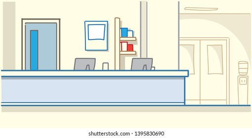 Hospital Reception Waiting Hall Empty No People Medical Clinic Interior Horizontal Banner Sketch Doodle Vector Illustration