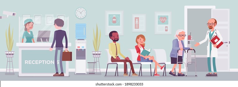 Hospital reception work in hall to help, assist patient. Clinic or doctor office, physician receives and treats people, health facility to provide healthcare. Vector flat style cartoon illustration