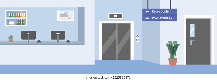 Hospital receptionist. Hospital administration. Hospital elevator illustration. Work in hospital. Medical center. Health center. Clinic illustration. Public health services.