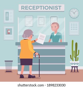 Hospital receptionist giving old woman information, checking in for appointment. Senior lady visiting medical clinic office, worker providing support to patient. Vector flat style cartoon illustration