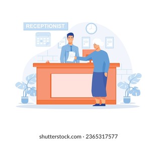 Hospital receptionist giving old woman information, checking in for appointment. Senior lady visiting medical clinic office, flat vector modern illustration
