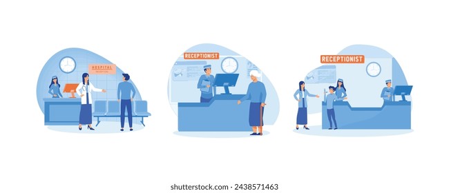 Hospital receptionist. Hospital receptionist giving old woman information. Reception in hospital with patients. Set flat vector modern illustration 