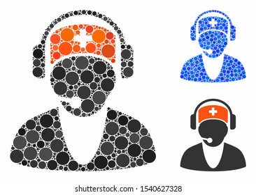 Hospital receptionist mosaic of filled circles in variable sizes and color tones, based on hospital receptionist icon. Vector filled circles are composed into blue collage.