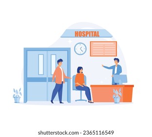 Hospital receptionist, Patients at a hospital reception desk registering and paying at the desk. flat vector modern illustration 