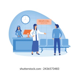 Hospital receptionist. Smiling doctor, woman with prosthesis and receptionist. Hospital visit, happy physician and patient handshake at front desk. flat vector modern illustration