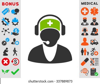 Hospital Receptionist vector icon with bonus. Style is bicolor flat symbol, eco green and gray colors, rounded angles, white background.