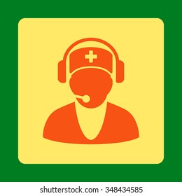 Hospital Receptionist vector icon. Style is flat rounded square button, orange and yellow colors, green background.