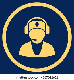 Hospital Receptionist vector icon. Style is flat circled symbol, yellow color, rounded angles, blue background.