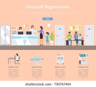 Hospital Registration Desk With Two Nurses And Few Patients With Appointments And Injuries. Vector Illustration Of Clinic Front Desk On Orange Background