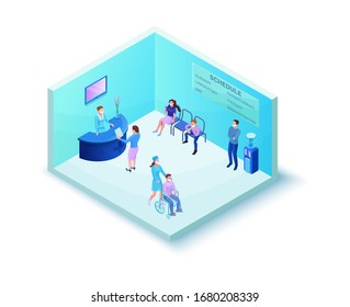 Hospital registry or clinic reception with administrator in glasses and medical face mask to prevent 2019-nCoV Coronavirus contamination, patients sneezing, 3d isometric illustration