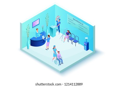 Hospital registry or medical clinic reception, clinical lobby or waiting room with adminisrator, doctor, patient, nurse, 3d isometric illustration with medicine reception, healthcare concept