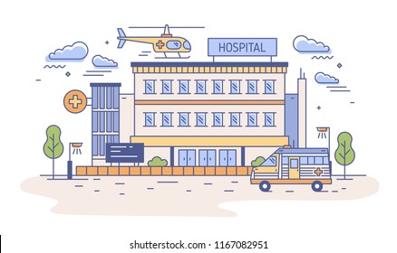 Hospital, Rehabilitation Center Or Emergency Department Building With Helicopter Landing On Top Of It And Ambulance. Medical Institution Providing First Aid. Vector Illustration In Line Art Style.