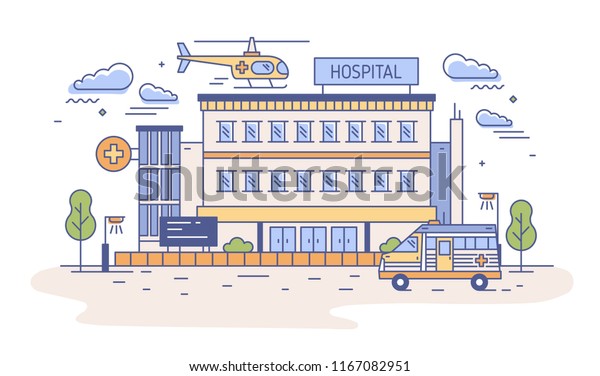 Hospital, rehabilitation center or emergency\
department building with helicopter landing on top of it and\
ambulance. Medical institution providing first aid. Vector\
illustration in line art\
style.