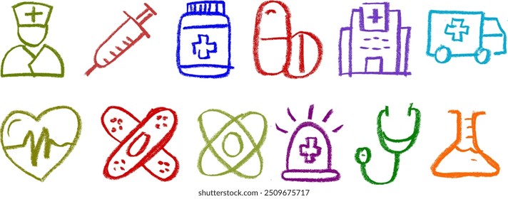 Krankenhaus Verwandte Icon Crayon Kreide Vektor Set