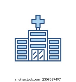 Krankenhausbezogene Vektorsymbol. Medizinische Einrichtung. Notfallzentrum. Krankenhausgebäude. Grundversorgung. Stadtklinik-Fassade. Einzeln auf weißem Hintergrund. Vektorgrafik. Bearbeitbarer Hub