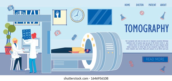 Hospital Research Room Interior with Tomography Equipment Machine. Medical Specialists Cartoon Characters Watching Patients Radiological Screening or X-ray Results. Flat Vector Illustration.
